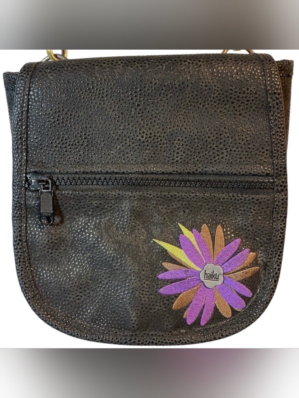 Haiku Black Crossbody Bag with Purple and Tan Flower Patch